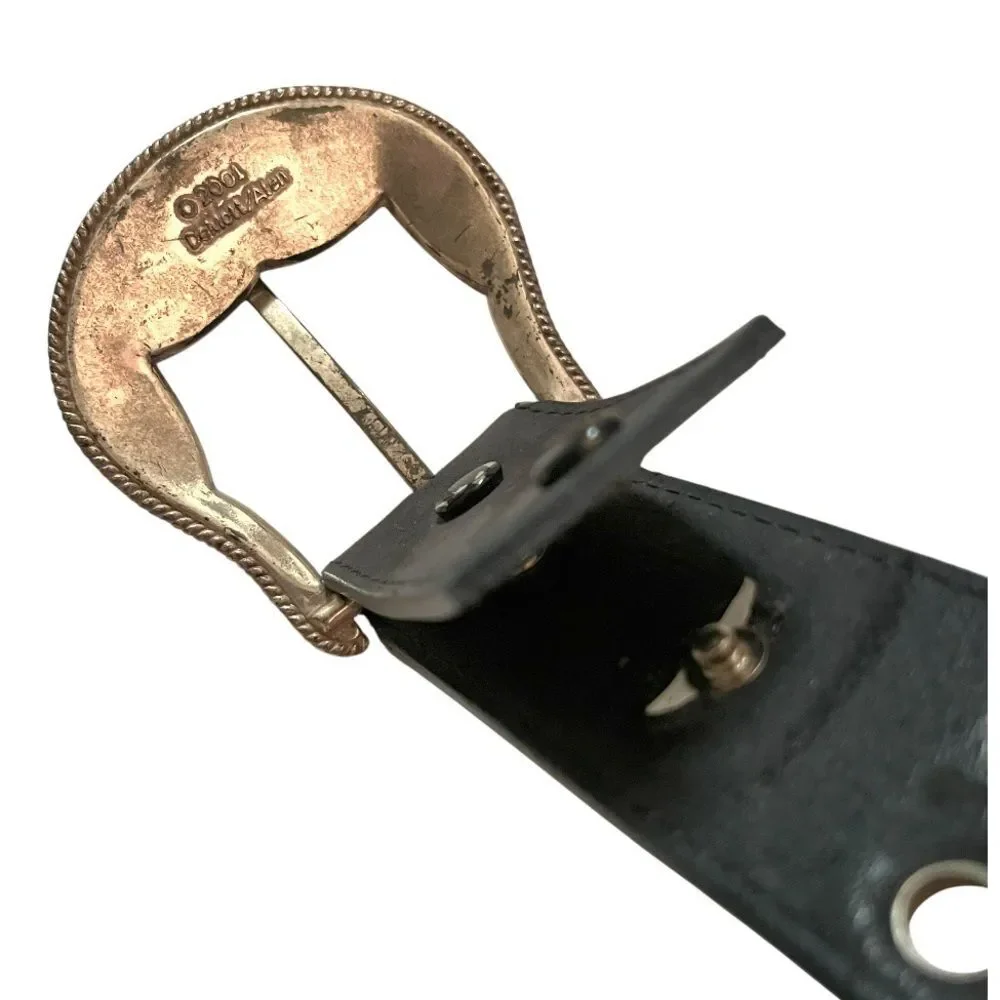 CINCH Western Black Leather Belt Grommet Studs Metal Logo Plate Removable Buckle